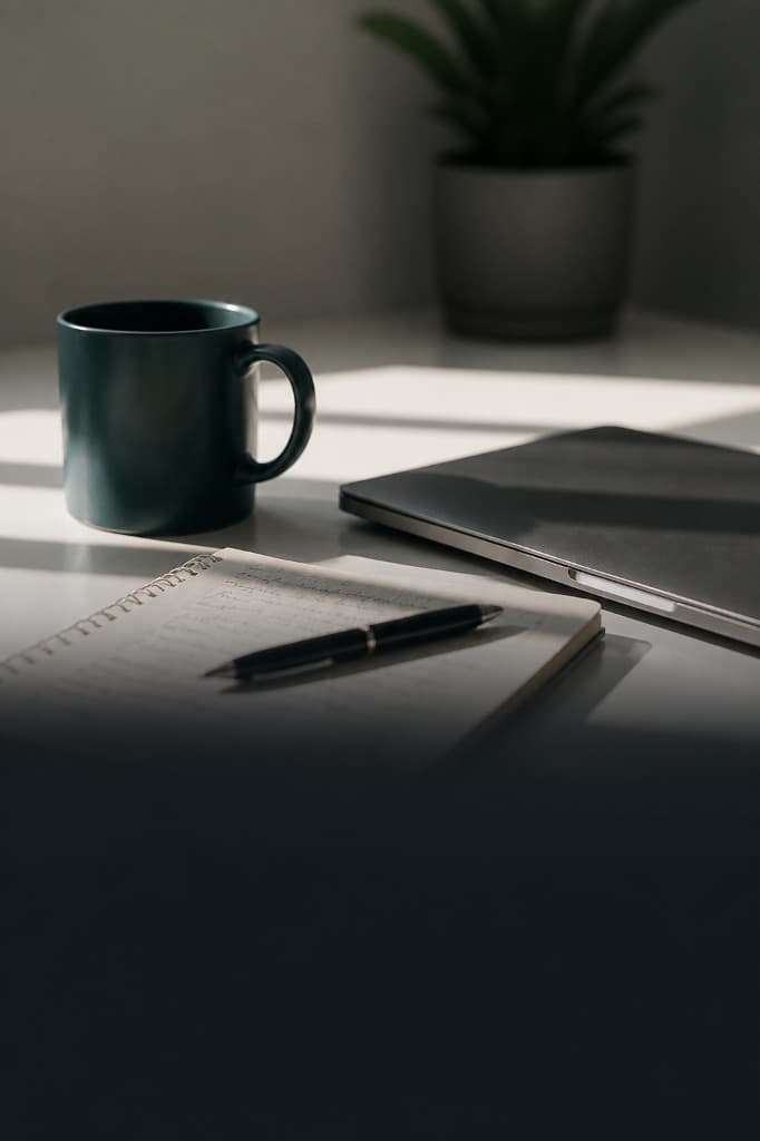 Desk with laptop, notebook, and coffee mug in natural light