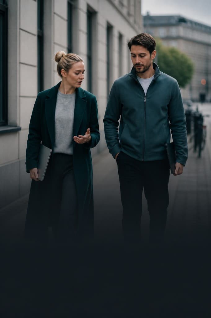 Two colleagues walking in the city, talking, with laptops
