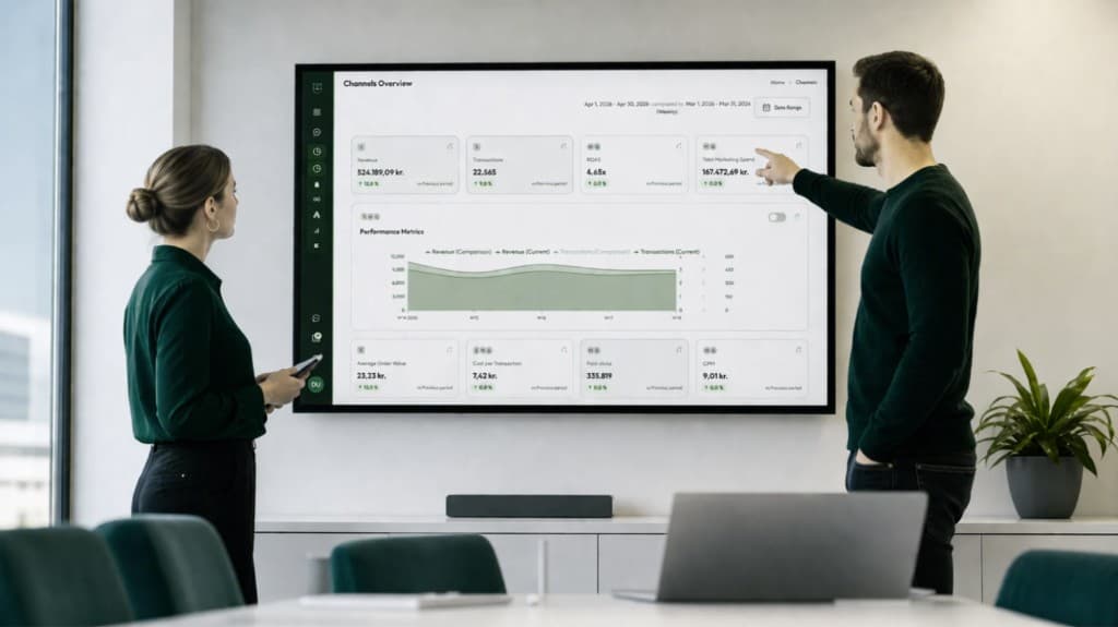 Two teammates reviewing the Invisor Channels Overview dashboard on a large office screen