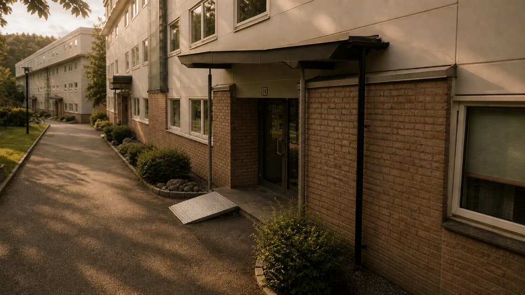 Modern office building exterior with brick base and walkway at golden hour, Bergen area