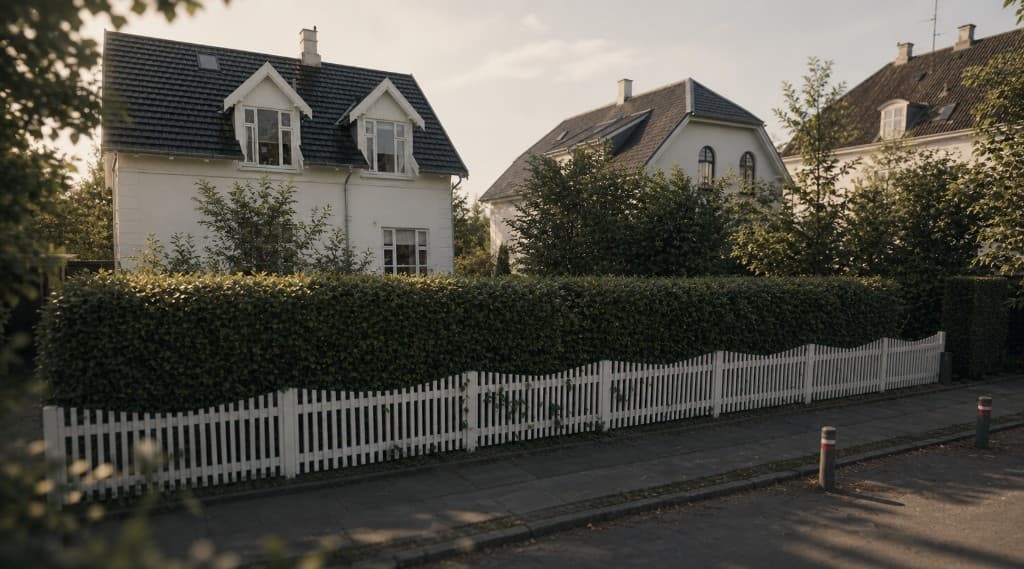 Sunlit residential street with white houses and a picket fence, Copenhagen area